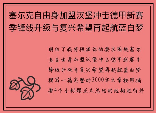 塞尔克自由身加盟汉堡冲击德甲新赛季锋线升级与复兴希望再起航蓝白梦